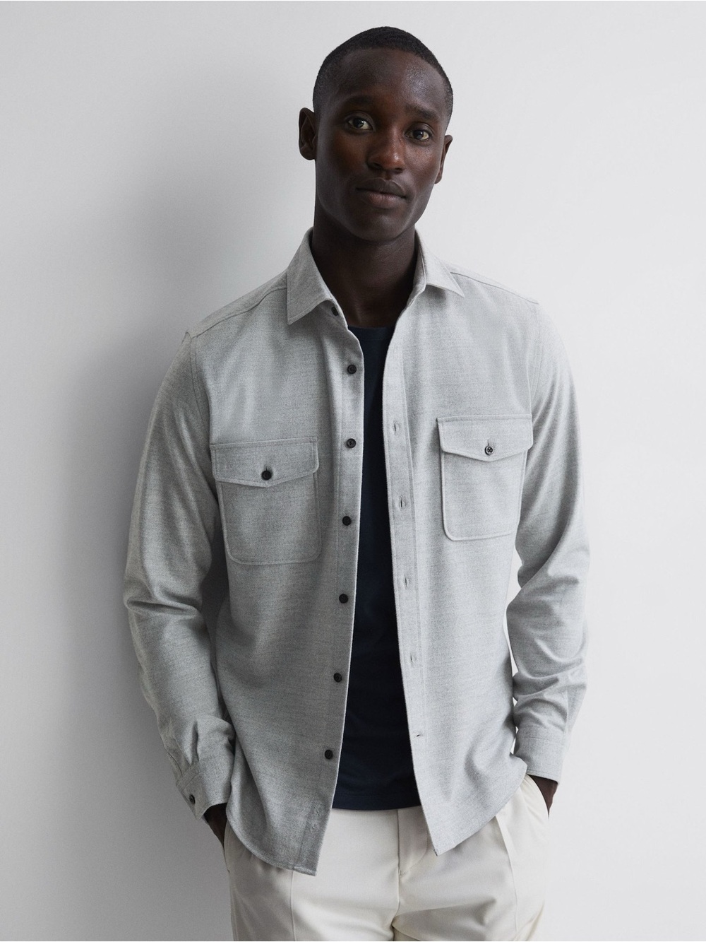 Reiss Chaser Button Through Twin Pocket Overshirt Soft Grey Melange Small
